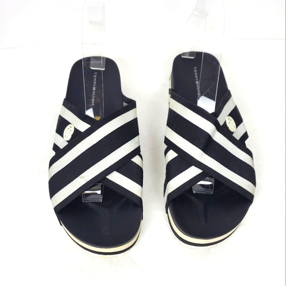 Tommy Hilfiger Black and White Striped Sandals 7.5